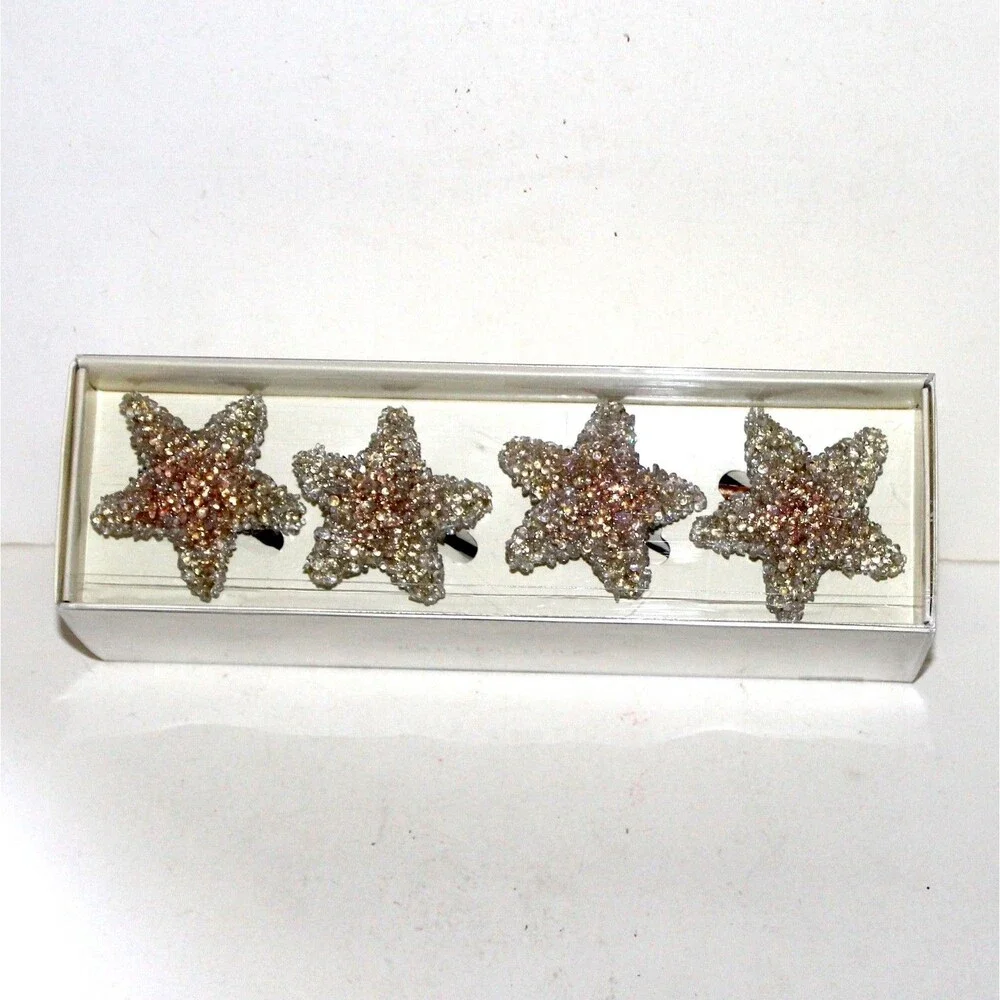 Pier1 4 Napkin Ring Set Gold Stars beaded NEW coastal table decor boho